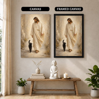 Jesus Walking with Black Cat Inspirational Wall Art Canvas/Poster