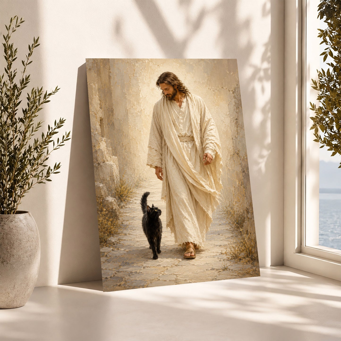 Jesus Walking with Black Cat Inspirational Wall Art Canvas/Poster