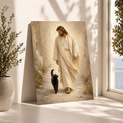 Jesus Walking with Black Cat Inspirational Wall Art Canvas/Poster