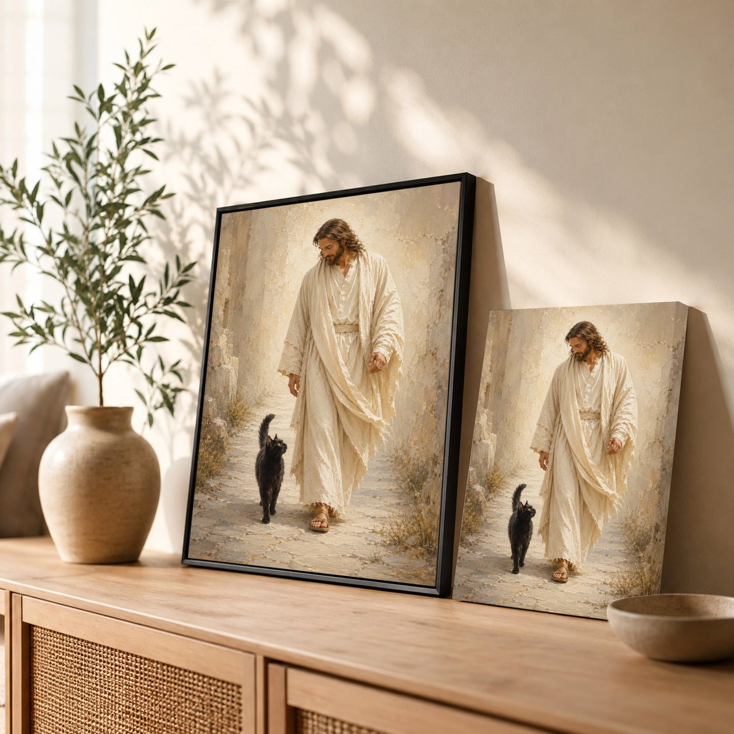 Jesus Walking with Black Cat Inspirational Wall Art Canvas/Poster
