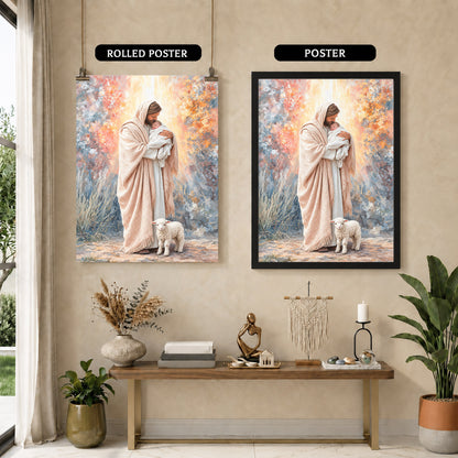 Jesus Holding Baby Lamb Christian Wall Art Poster/Canvas
