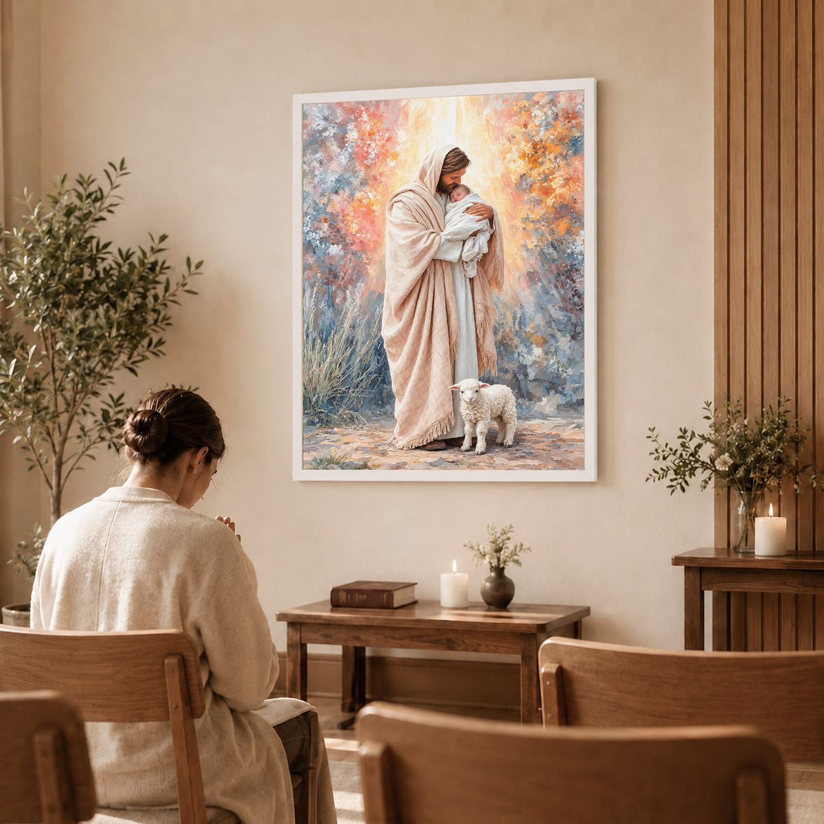 Jesus Holding Baby Lamb Christian Wall Art Poster/Canvas