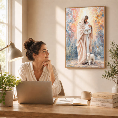 Jesus Holding Baby Lamb Christian Wall Art Poster/Canvas