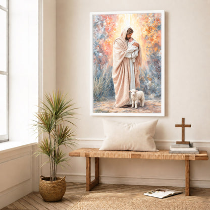 Jesus Holding Baby Lamb Christian Wall Art Poster/Canvas