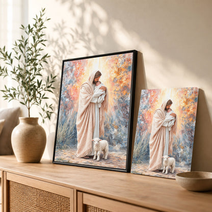 Jesus Holding Baby Lamb Christian Wall Art Poster/Canvas