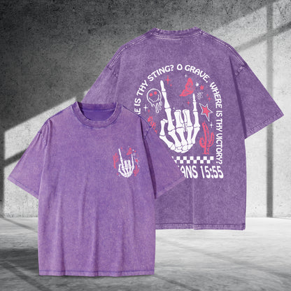 Where Is Thy Sting O Grave Christian Victory Washed 100% Cotton Two Sides T-Shirt 1 Corinthians 15:55 Faith Tee