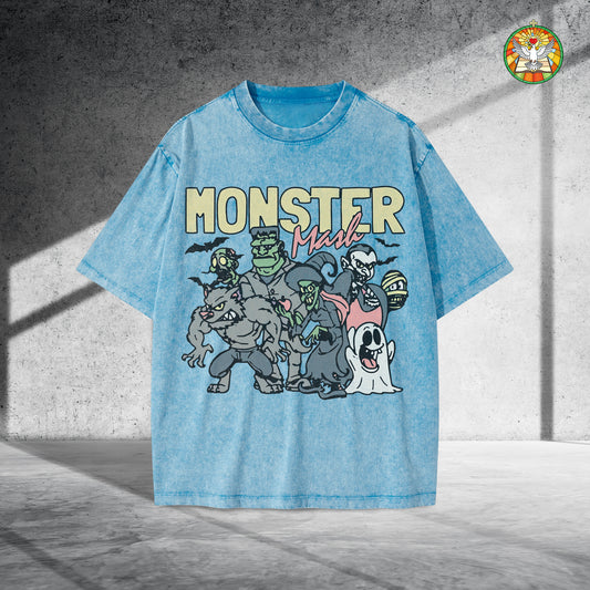 Monster Mash Vintage Washed 100% Cotton Halloween T-Shirt Classic Horror Characters Retro Tee