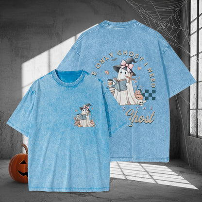 The Only Ghost I Need Is The Ghost Bookworm Halloween Washed 100% Cotton Two Sides T-Shirt Cozy Reading Tee