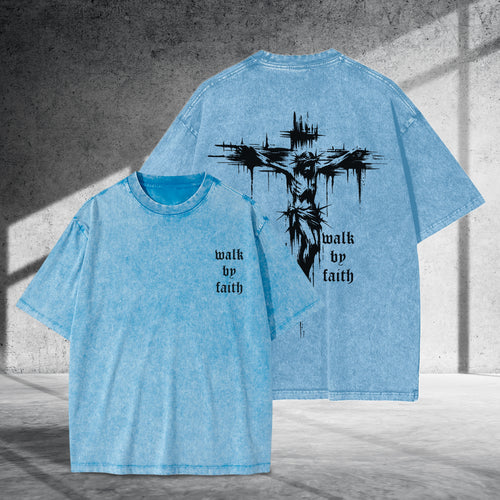 "Walk by Faith" Unisex 100% Cotton Vintage Washed Christian T-Shirt Two Sides | Grunge Cross Faith Apparel
