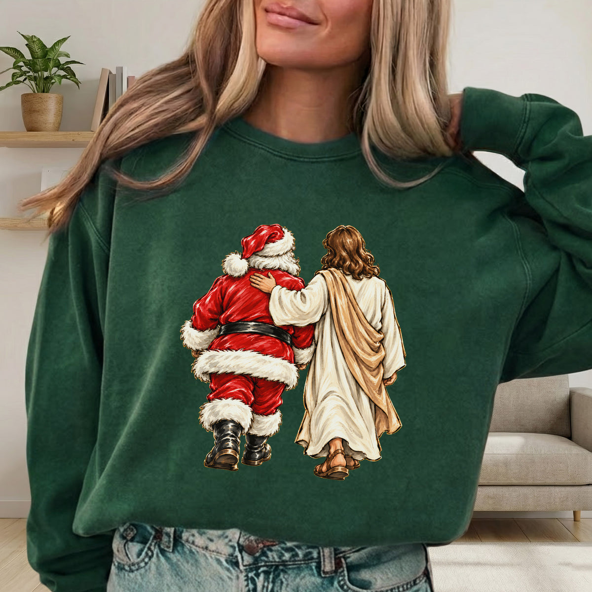 Jesus Walking With Santa Christmas – Christian Faith Art – Unisex T-Shirt / Hoodie / Sweatshirt
