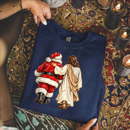 Jesus Walking With Santa Christmas – Christian Faith Art – Unisex T-Shirt / Hoodie / Sweatshirt