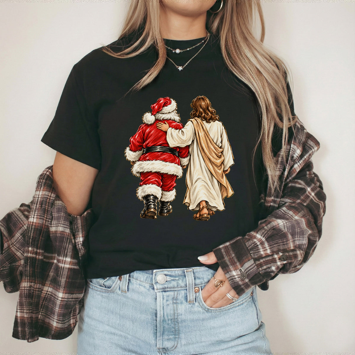 Jesus Walking With Santa Christmas – Christian Faith Art – Unisex T-Shirt / Hoodie / Sweatshirt