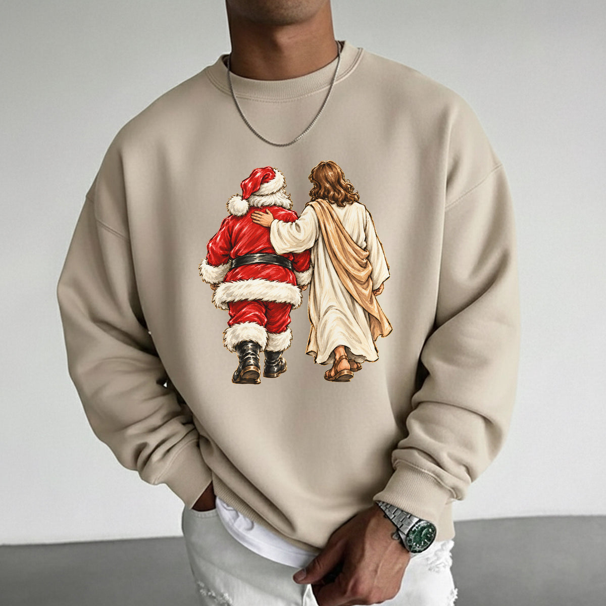 Jesus Walking With Santa Christmas – Christian Faith Art – Unisex T-Shirt / Hoodie / Sweatshirt