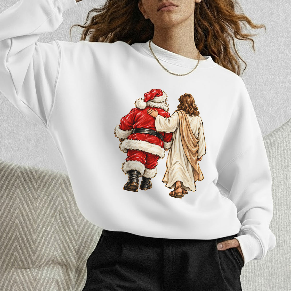 Jesus Walking With Santa Christmas – Christian Faith Art – Unisex T-Shirt / Hoodie / Sweatshirt