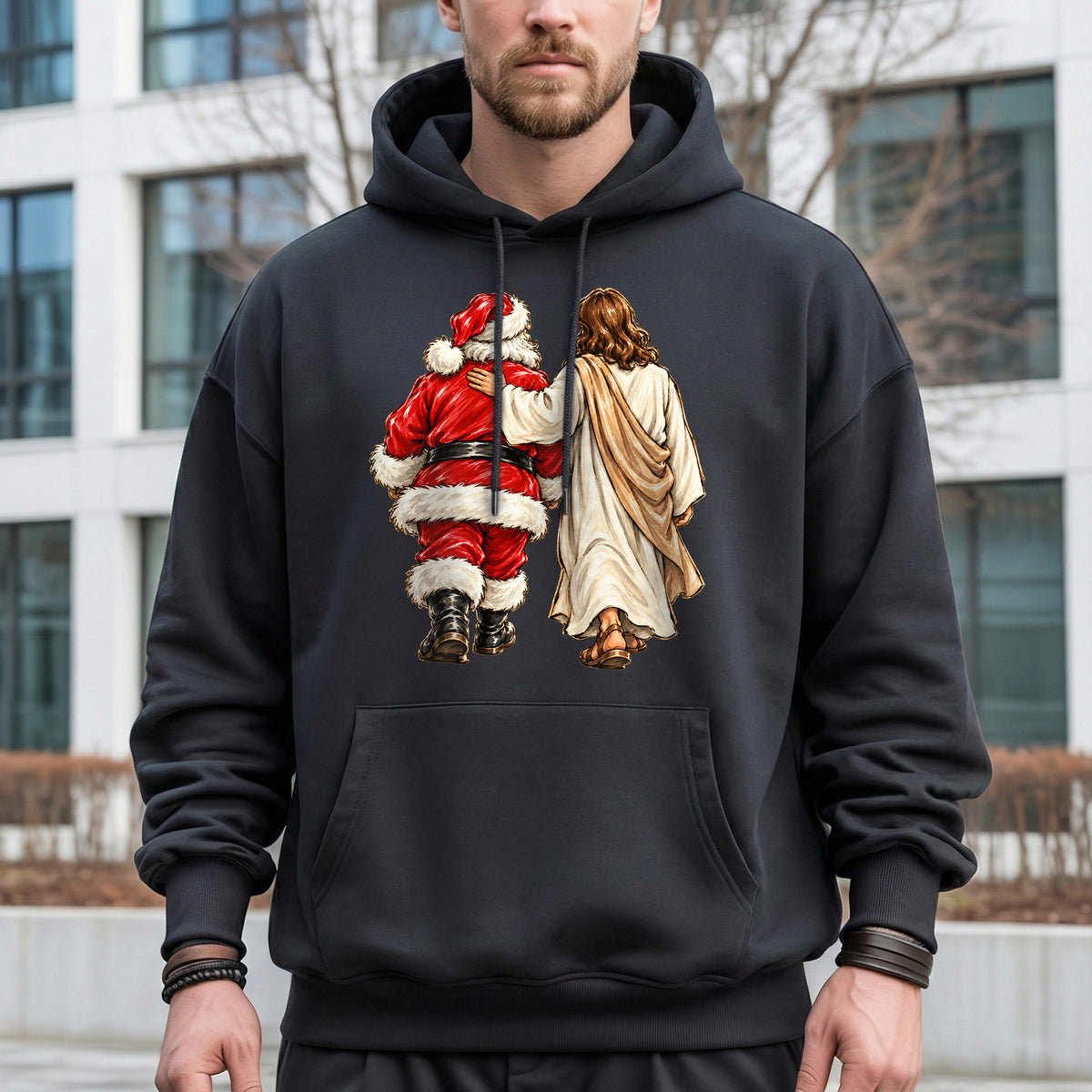 Jesus Walking With Santa Christmas – Christian Faith Art – Unisex T-Shirt / Hoodie / Sweatshirt