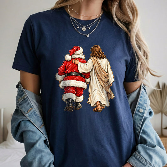 Jesus Walking With Santa Christmas – Christian Faith Art – Unisex T-Shirt / Hoodie / Sweatshirt