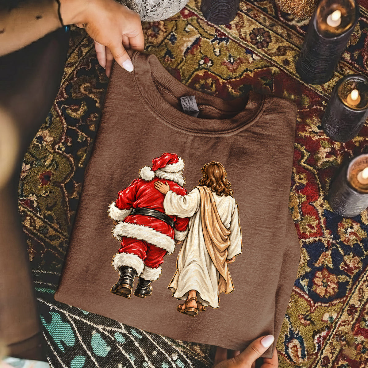 Jesus Walking With Santa Christmas – Christian Faith Art – Unisex T-Shirt / Hoodie / Sweatshirt