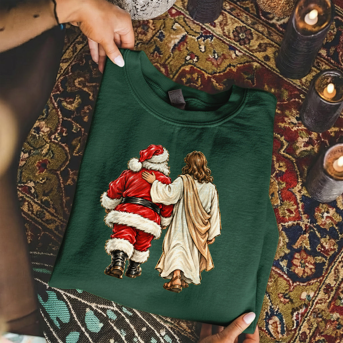 Jesus Walking With Santa Christmas – Christian Faith Art – Unisex T-Shirt / Hoodie / Sweatshirt