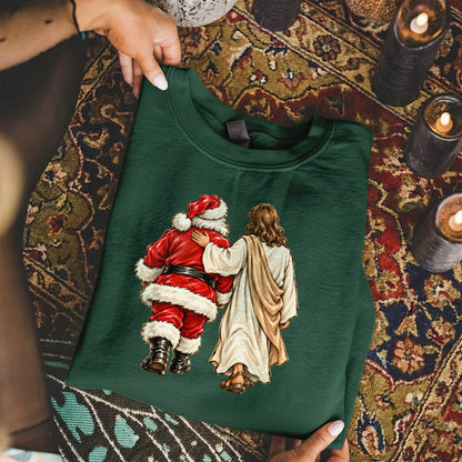 Jesus Walking With Santa Christmas – Christian Faith Art – Unisex T-Shirt / Hoodie / Sweatshirt