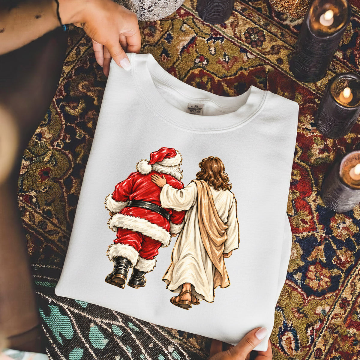 Jesus Walking With Santa Christmas – Christian Faith Art – Unisex T-Shirt / Hoodie / Sweatshirt