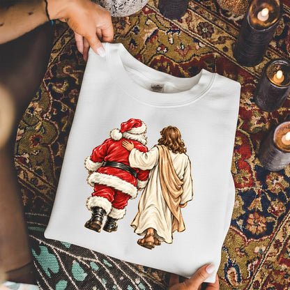 Jesus Walking With Santa Christmas – Christian Faith Art – Unisex T-Shirt / Hoodie / Sweatshirt