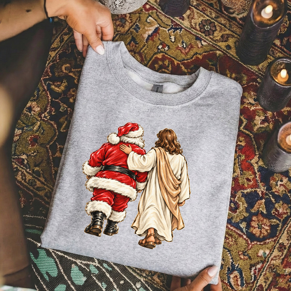 Jesus Walking With Santa Christmas – Christian Faith Art – Unisex T-Shirt / Hoodie / Sweatshirt
