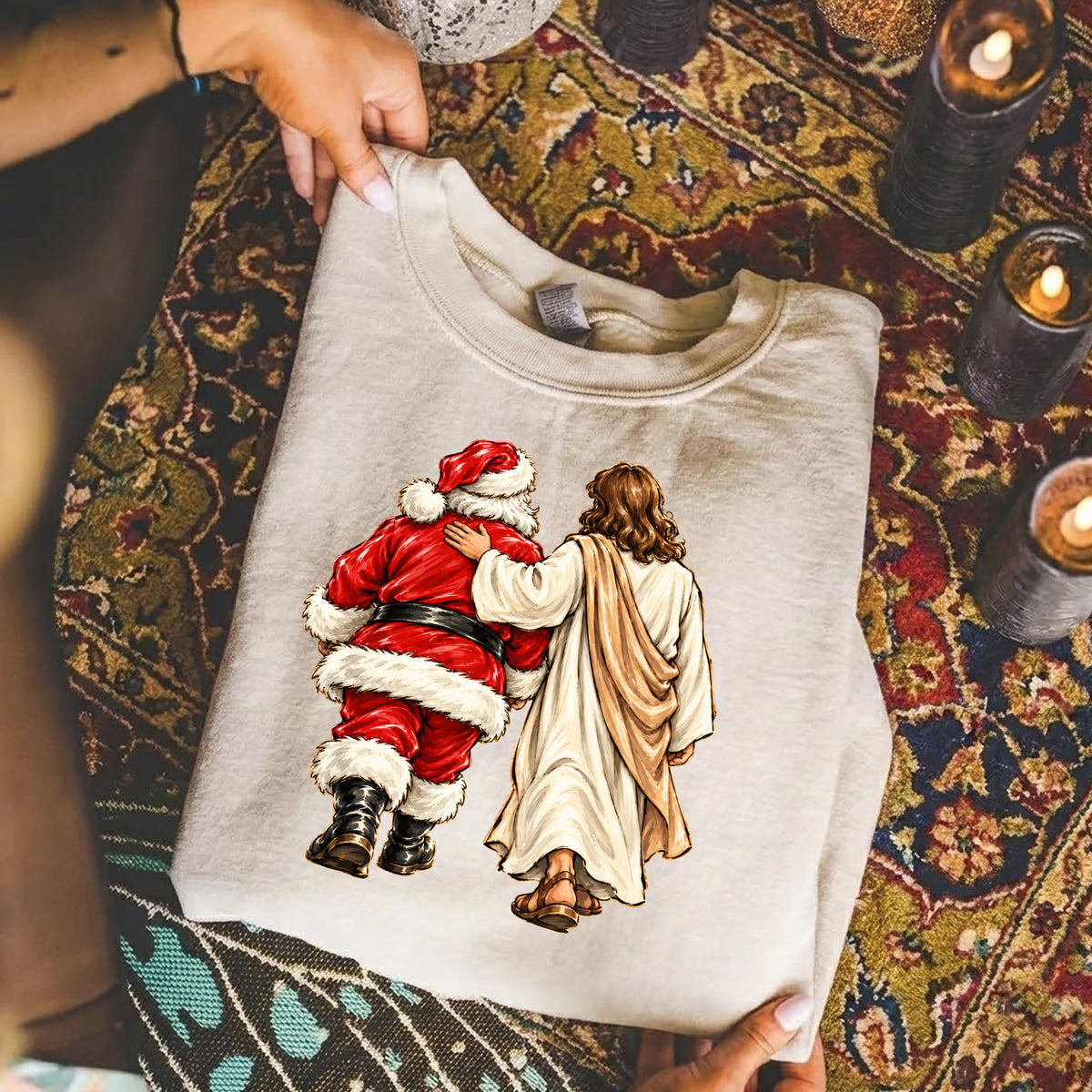 Jesus Walking With Santa Christmas – Christian Faith Art – Unisex T-Shirt / Hoodie / Sweatshirt