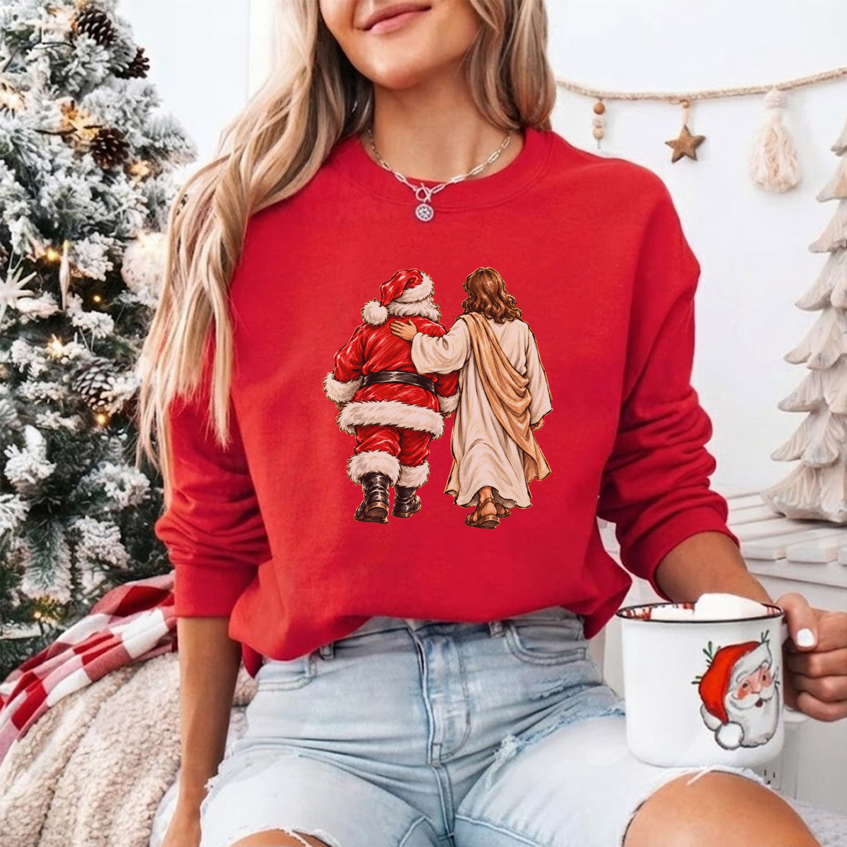 Jesus Walking With Santa Christmas – Christian Faith Art – Unisex T-Shirt / Hoodie / Sweatshirt
