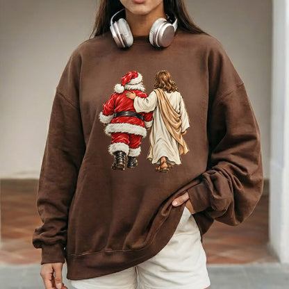 Jesus Walking With Santa Christmas – Christian Faith Art – Unisex T-Shirt / Hoodie / Sweatshirt