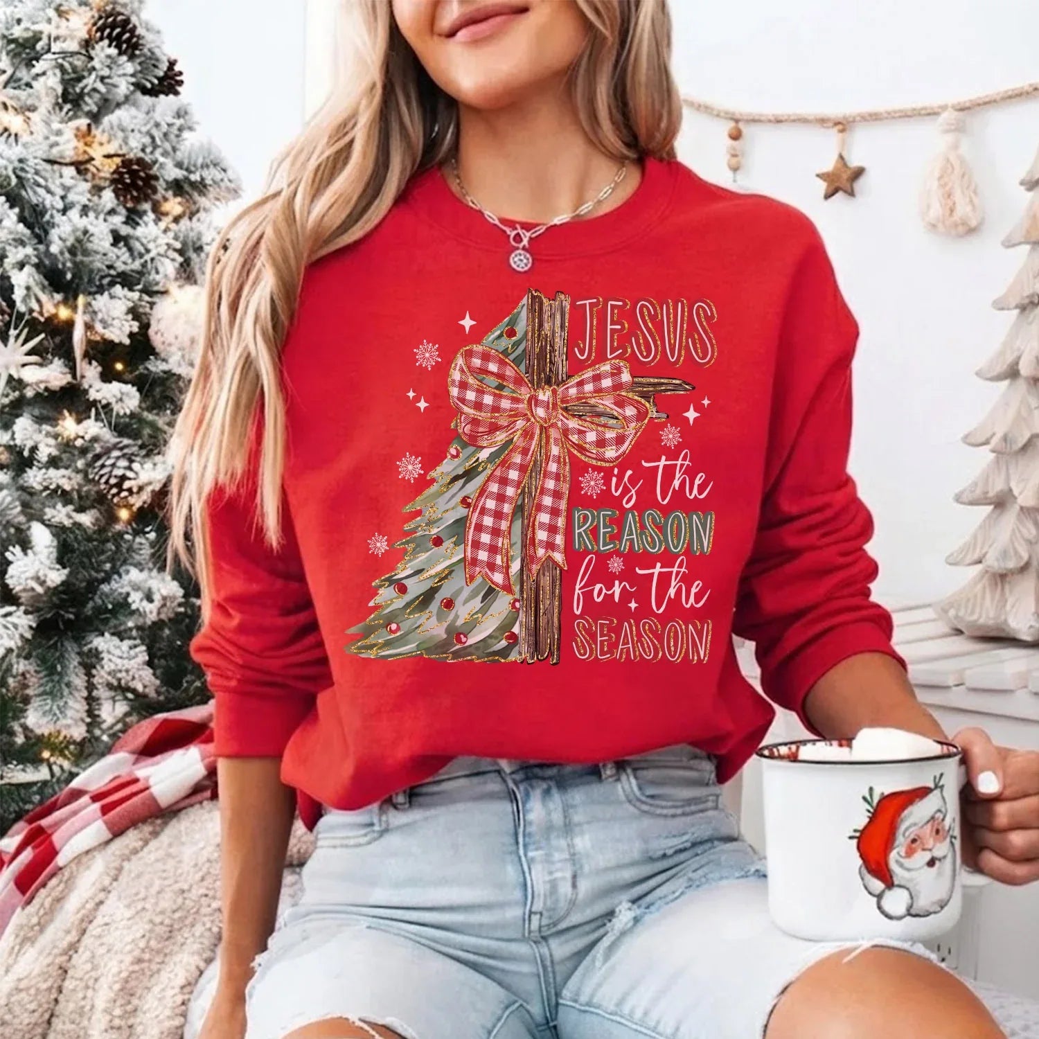 Jesus Is The Reason For The Season Christmas Tree & Cross Bow Design - Merry Christmas - Unisex Tshirt / Hoodie / Sweatshirt - Faith Guided Life