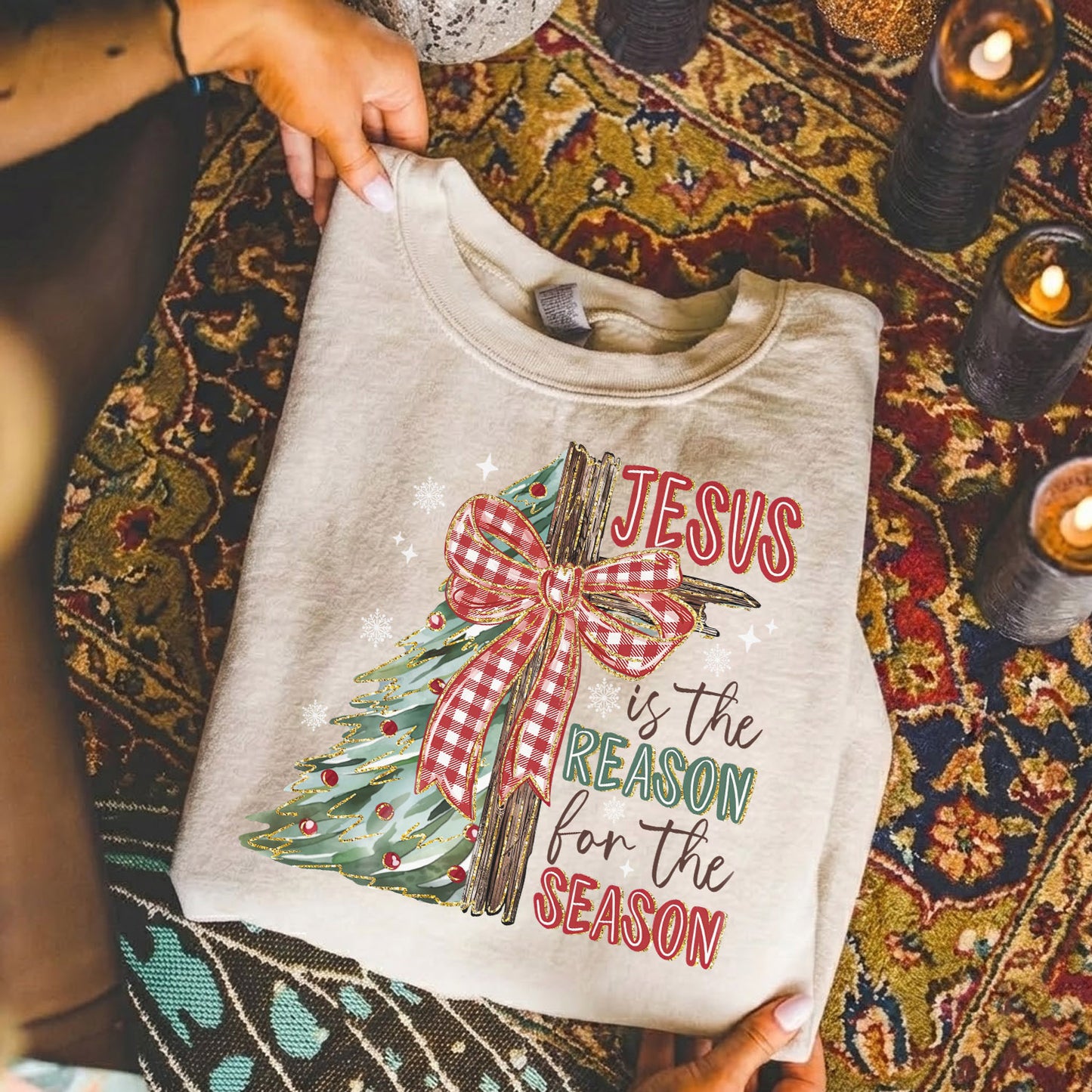 Jesus Is The Reason For The Season Christmas Tree & Cross Bow Design  - Merry Christmas - Unisex Tshirt / Hoodie / Sweatshirt