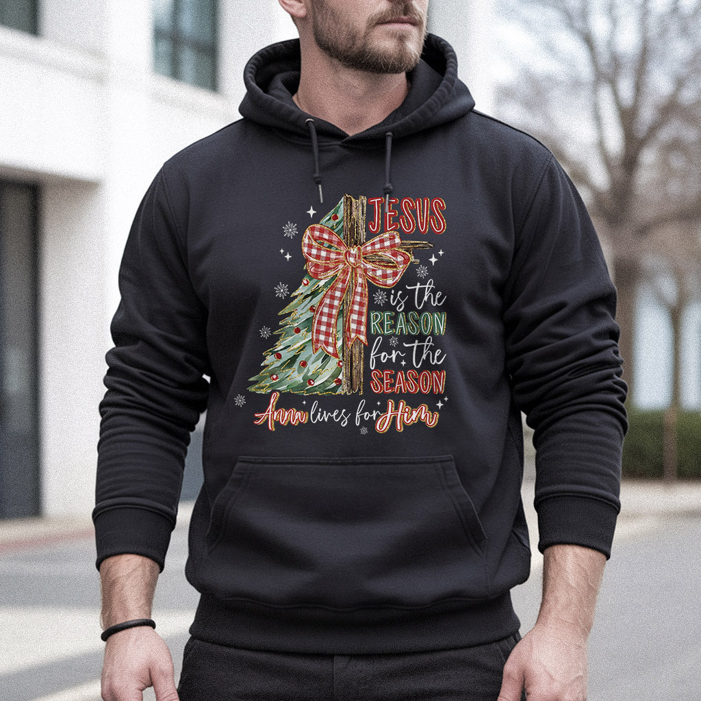 Jesus Is the Reason – Custom Name Christmas Tree & Cross Bow Design  - Merry Christmas - Unisex Tshirt / Hoodie / Sweatshirt