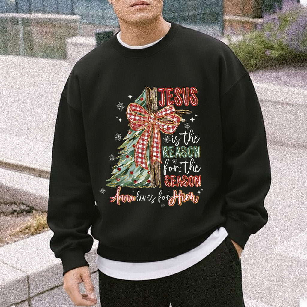 Jesus Is the Reason – Custom Name Christmas Tree & Cross Bow Design  - Merry Christmas - Unisex Tshirt / Hoodie / Sweatshirt