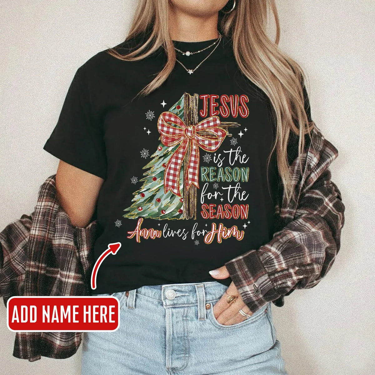 Jesus Is the Reason – Custom Name Christmas Tree & Cross Bow Design - Merry Christmas - Unisex Tshirt / Hoodie / Sweatshirt - Faith Guided Life