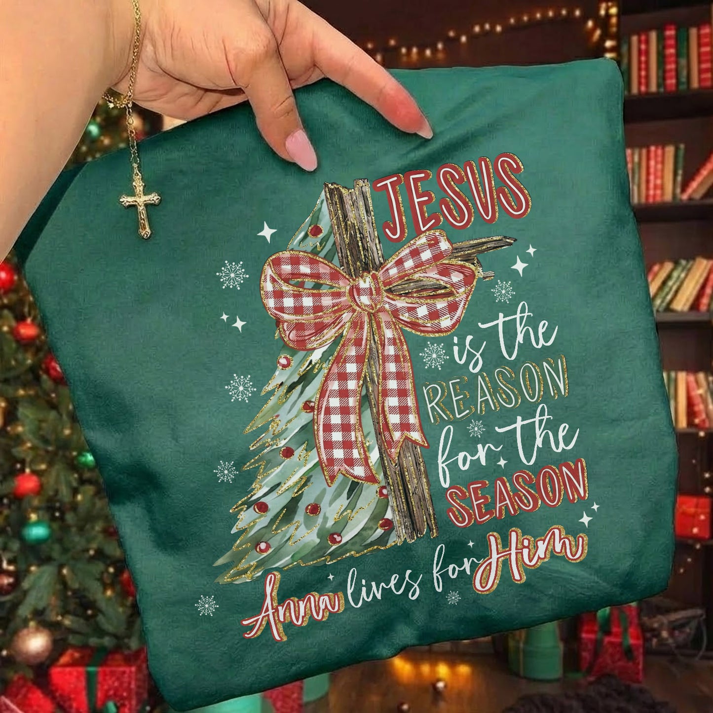 Jesus Is the Reason – Custom Name Christmas Tree & Cross Bow Design  - Merry Christmas - Unisex Tshirt / Hoodie / Sweatshirt