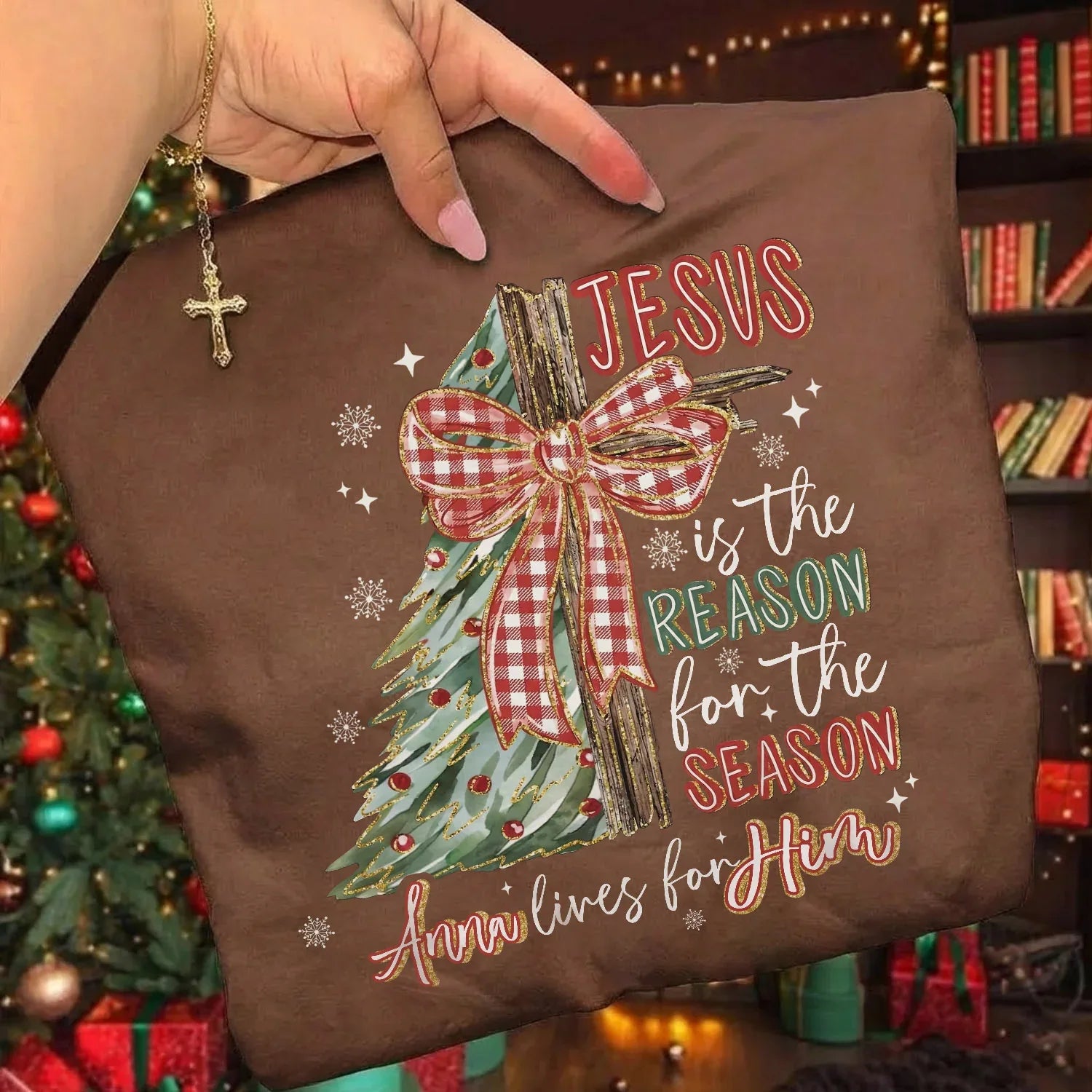 Jesus Is the Reason – Custom Name Christmas Tree & Cross Bow Design - Merry Christmas - Unisex Tshirt / Hoodie / Sweatshirt - Faith Guided Life