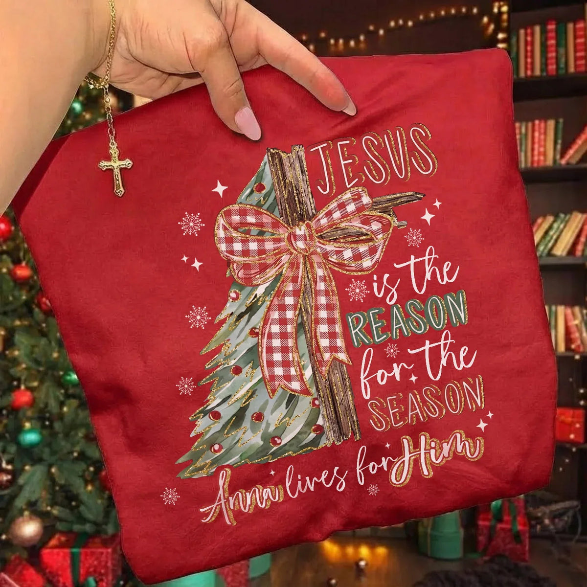 Jesus Is the Reason – Custom Name Christmas Tree & Cross Bow Design - Merry Christmas - Unisex Tshirt / Hoodie / Sweatshirt - Faith Guided Life