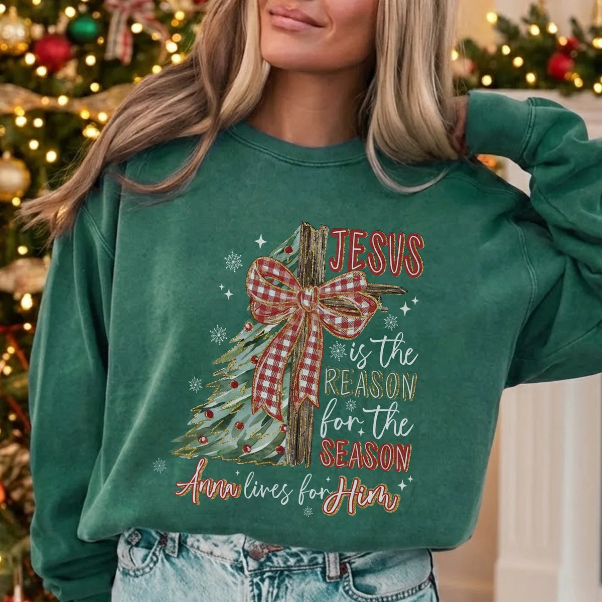 Jesus Is the Reason – Custom Name Christmas Tree & Cross Bow Design - Merry Christmas - Unisex Tshirt / Hoodie / Sweatshirt - Faith Guided Life