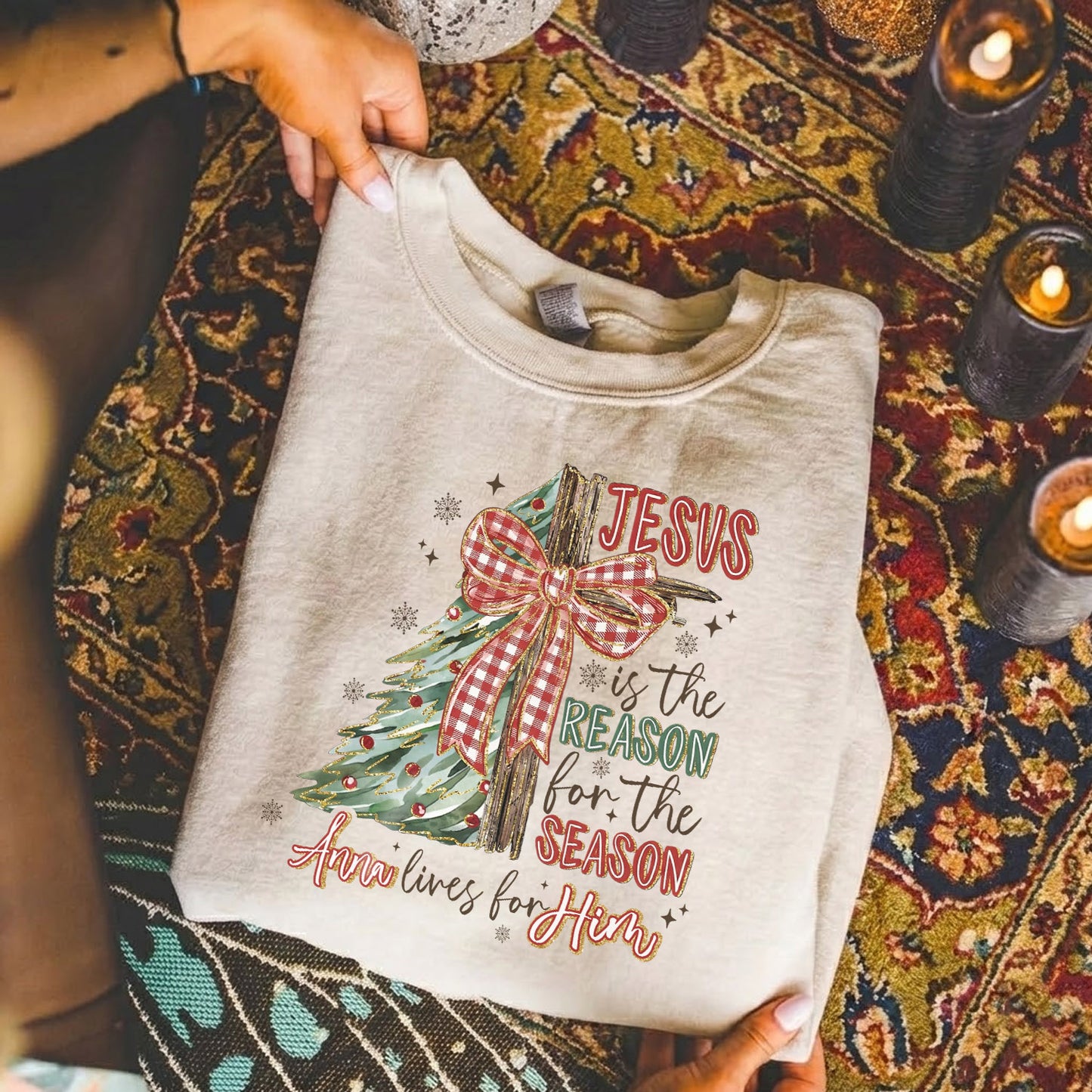 Jesus Is the Reason – Custom Name Christmas Tree & Cross Bow Design  - Merry Christmas - Unisex Tshirt / Hoodie / Sweatshirt