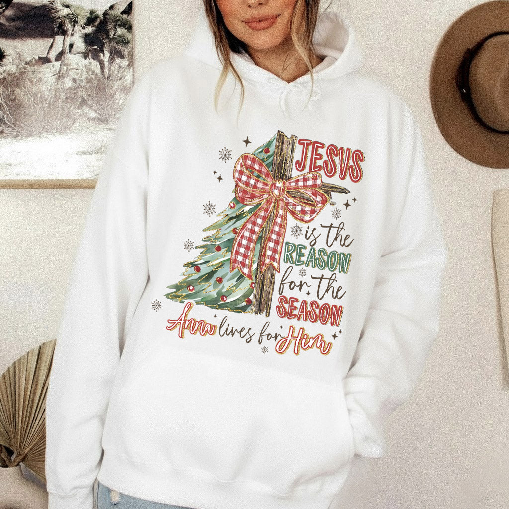 Jesus Is the Reason – Custom Name Christmas Tree & Cross Bow Design  - Merry Christmas - Unisex Tshirt / Hoodie / Sweatshirt