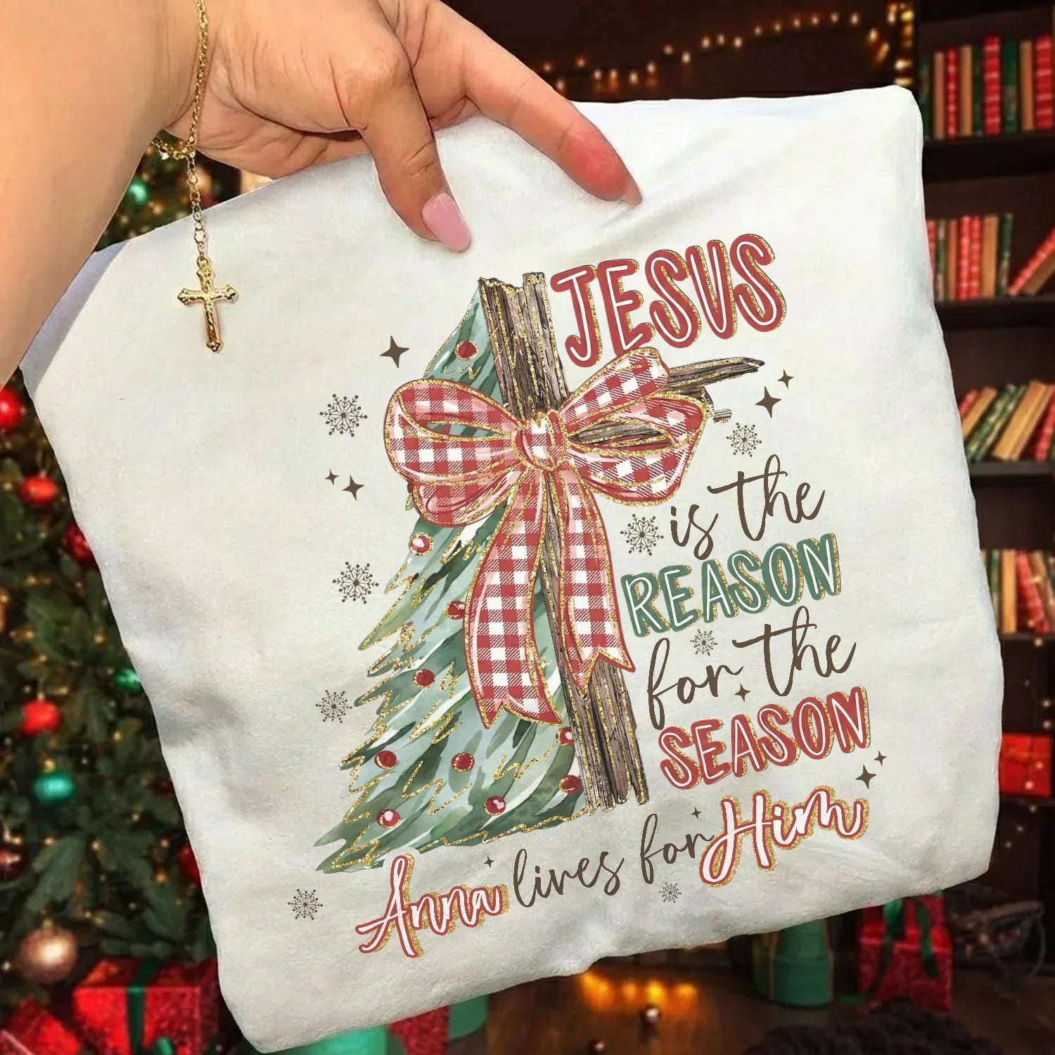Jesus Is the Reason – Custom Name Christmas Tree & Cross Bow Design - Merry Christmas - Unisex Tshirt / Hoodie / Sweatshirt - Faith Guided Life