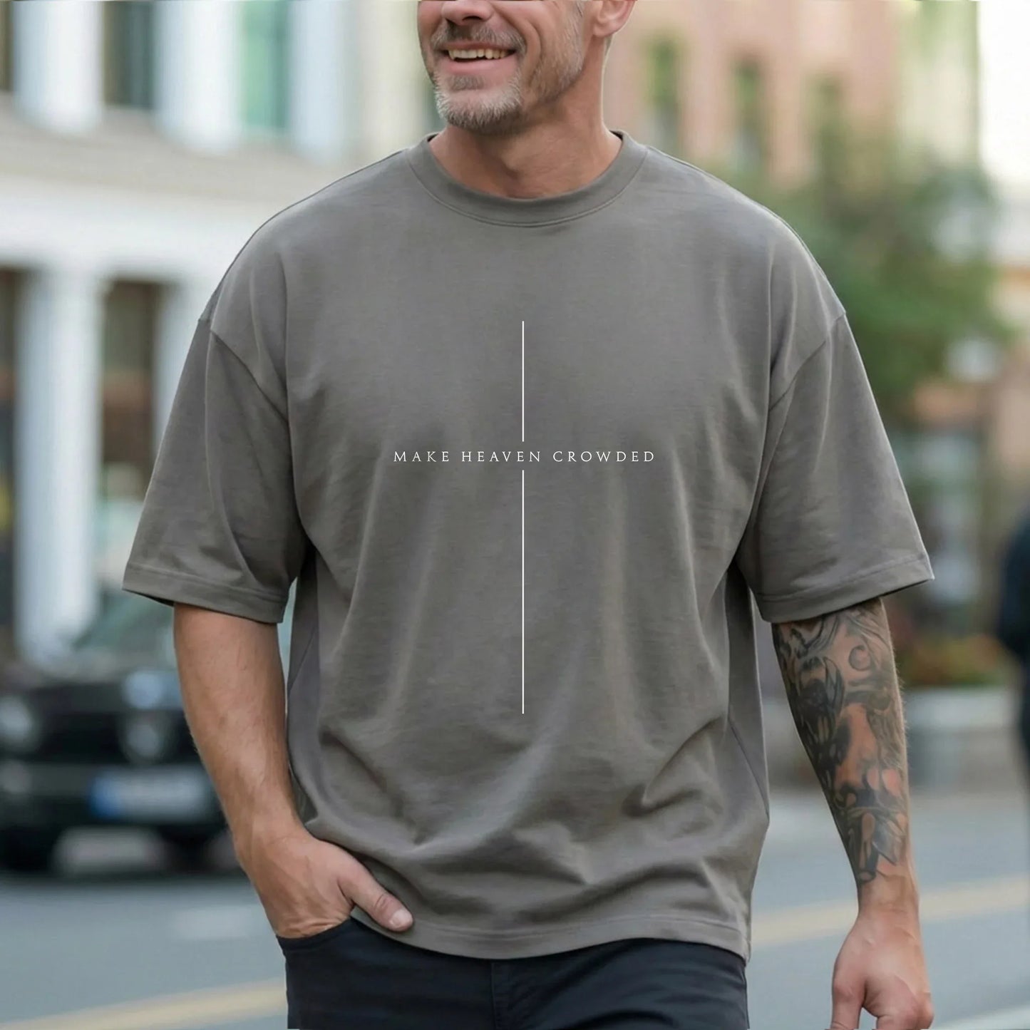 [COMFORT T-SHIRT] Make Heaven Crowded Minimalist Cross Line Design - Minimalist Faith - Faith Guided Life