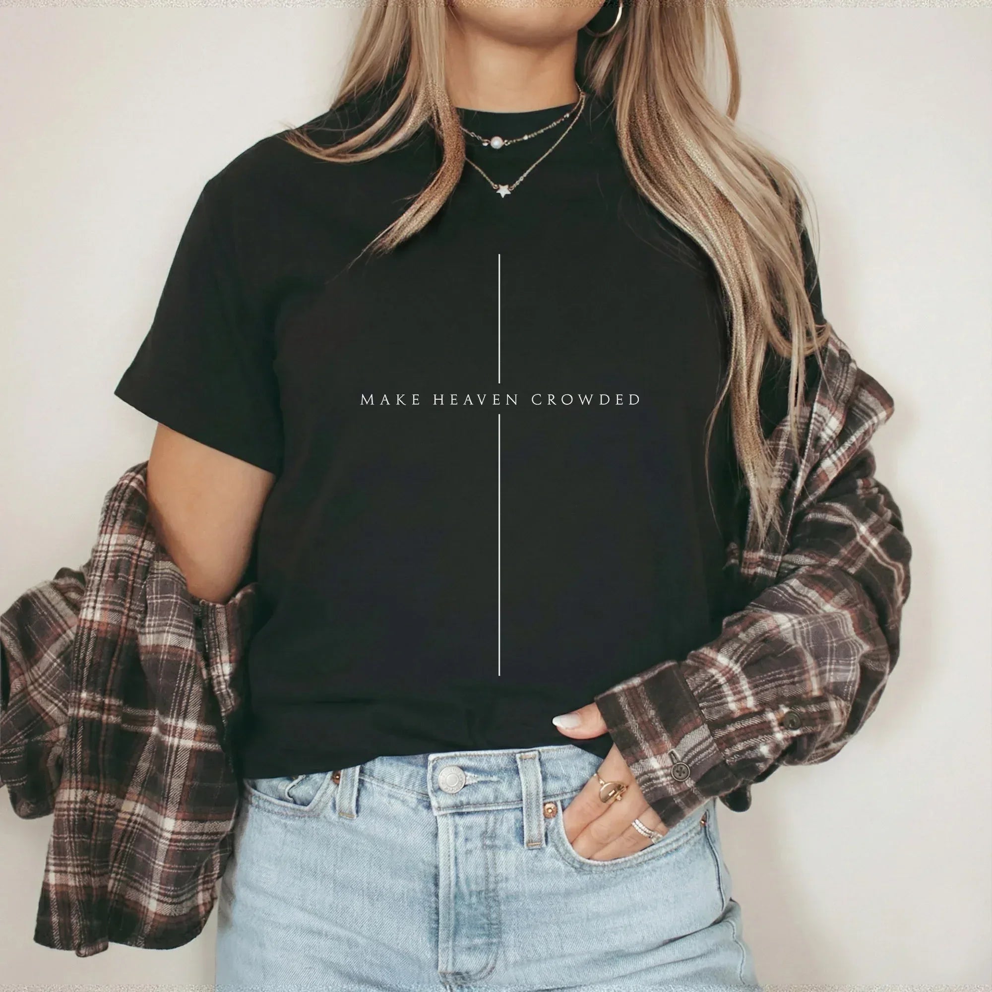 [COMFORT T-SHIRT] Make Heaven Crowded Minimalist Cross Line Design - Minimalist Faith - Faith Guided Life