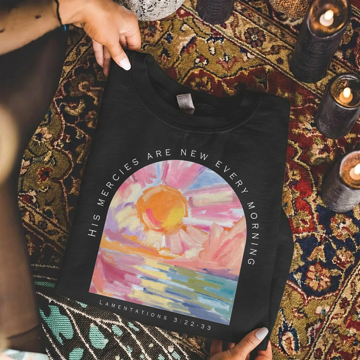 [COMFORT T-SHIRT] His Mercies Are New Every Morning Pastel Sunrise Christian Design - Faith Floral - Faith Guided Life