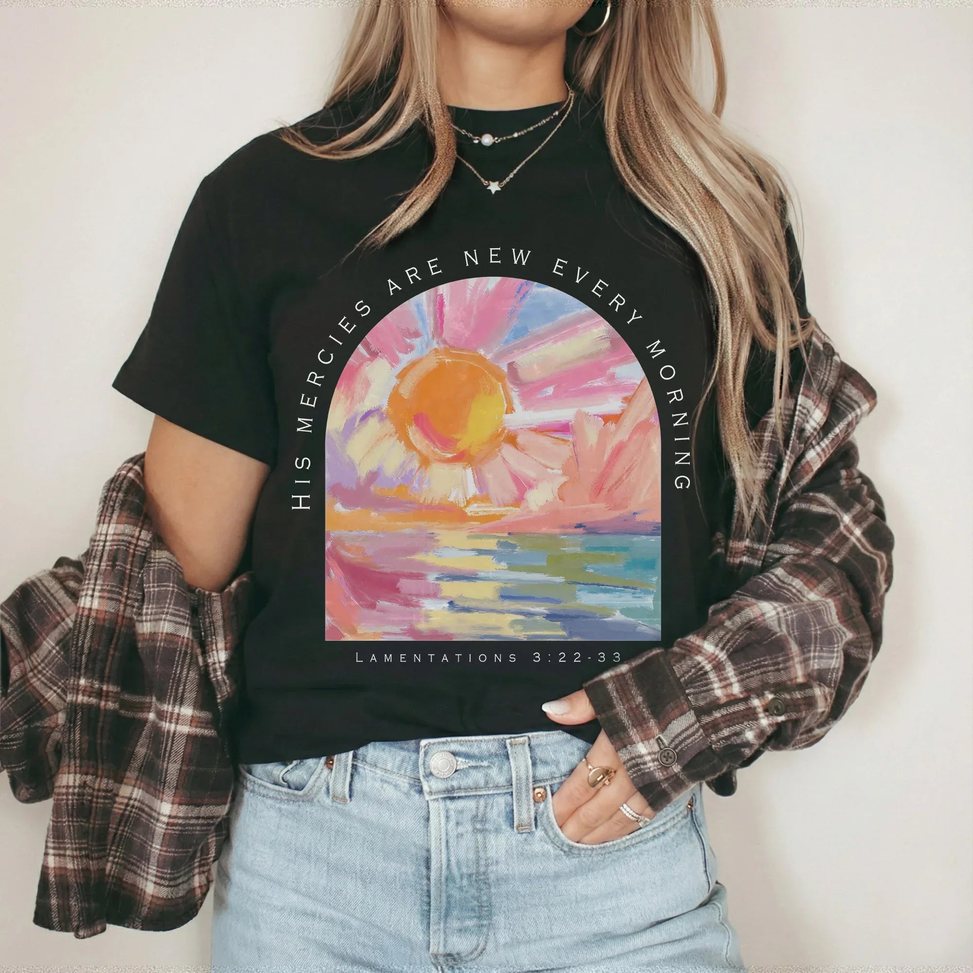 [COMFORT T-SHIRT] His Mercies Are New Every Morning Pastel Sunrise Christian Design - Faith Floral - Faith Guided Life