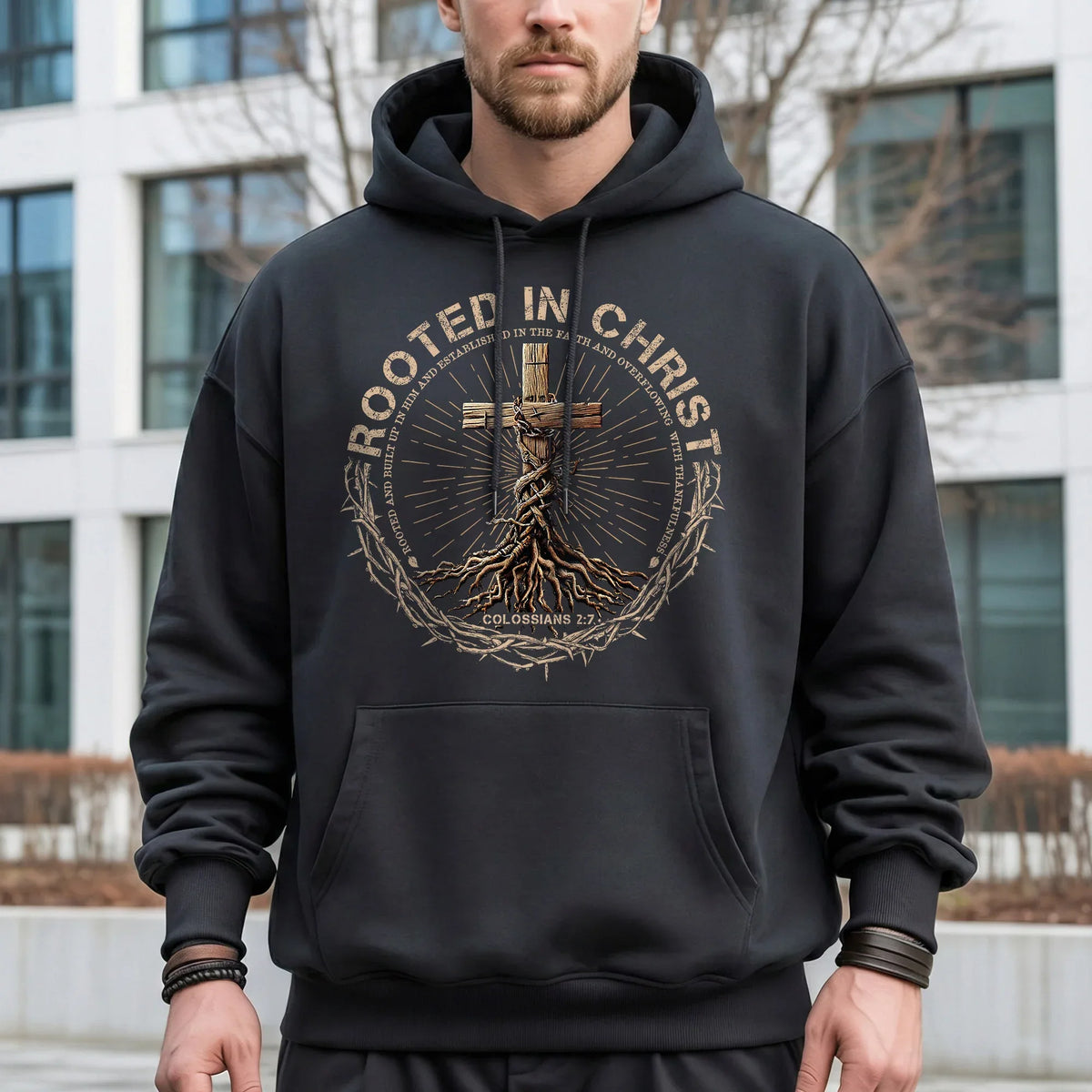 Rooted In Christ Wooden Cross With Growing Roots Design - Minimalist Faith - Unisex Tshirt / Hoodie / Sweatshirt - Faith Guided Life
