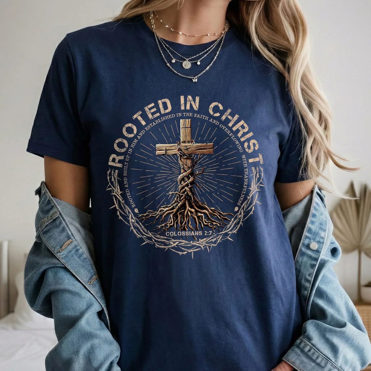 Rooted In Christ Wooden Cross With Growing Roots Design - Minimalist Faith - Unisex Tshirt / Hoodie / Sweatshirt - Faith Guided Life