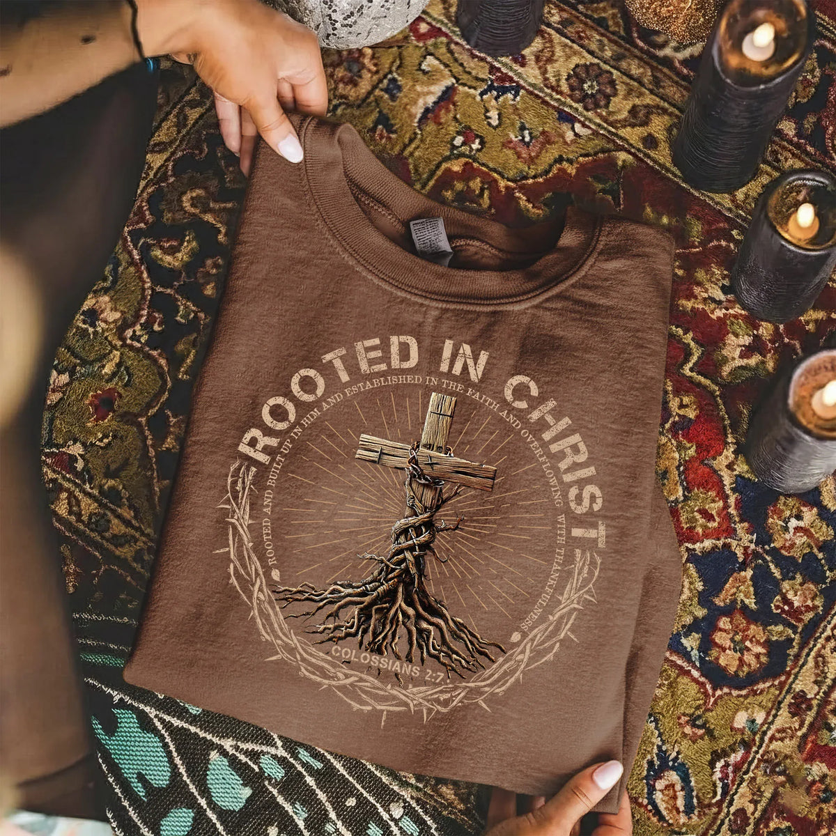 Rooted In Christ Wooden Cross With Growing Roots Design - Minimalist Faith - Unisex Tshirt / Hoodie / Sweatshirt - Faith Guided Life