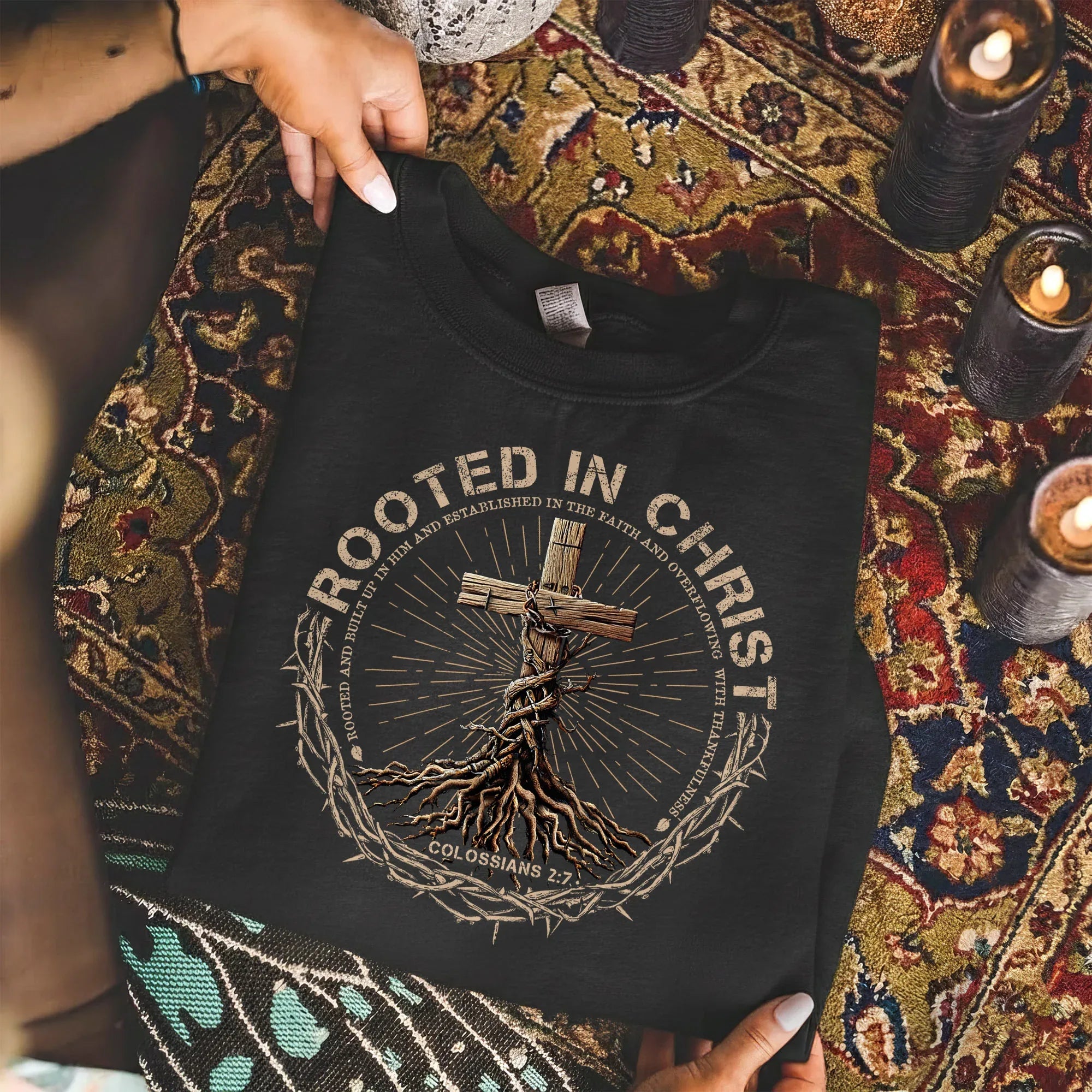 Rooted In Christ Wooden Cross With Growing Roots Design - Minimalist Faith - Unisex Tshirt / Hoodie / Sweatshirt - Faith Guided Life