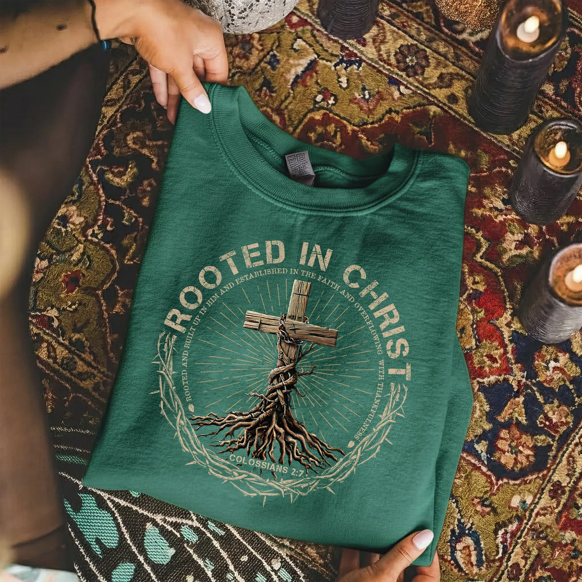 Rooted In Christ Wooden Cross With Growing Roots Design - Minimalist Faith - Unisex Tshirt / Hoodie / Sweatshirt - Faith Guided Life